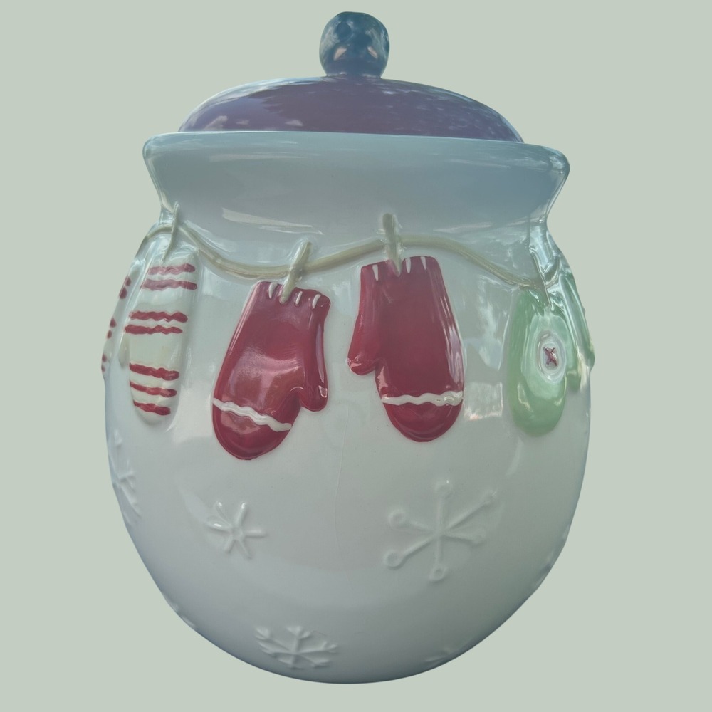 VTG Hallmark Christmas Cookie Jar Ceramic Mittens Red Jingle Bell Lid 1990s